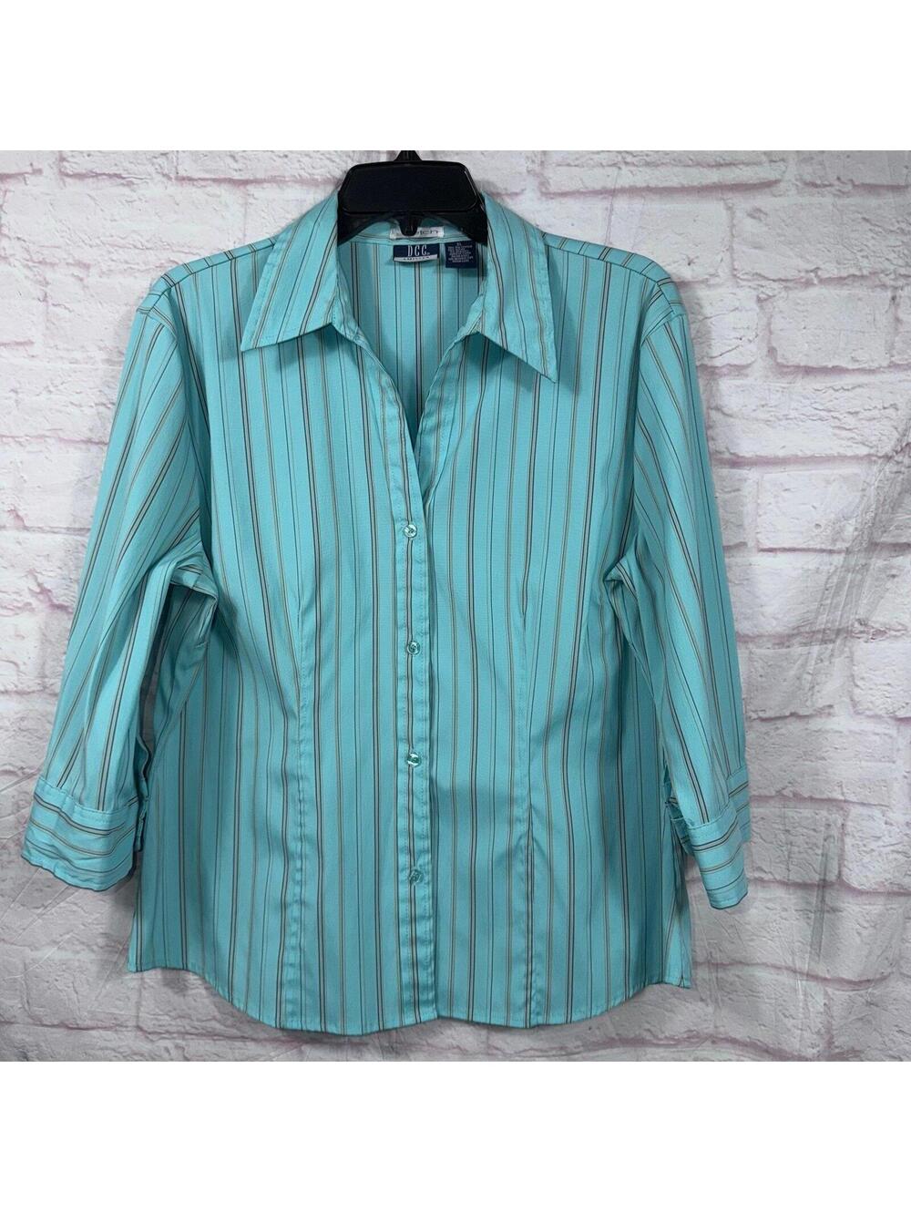 DCC Missy Women’s Aqua Striped Button Front Blouse XL